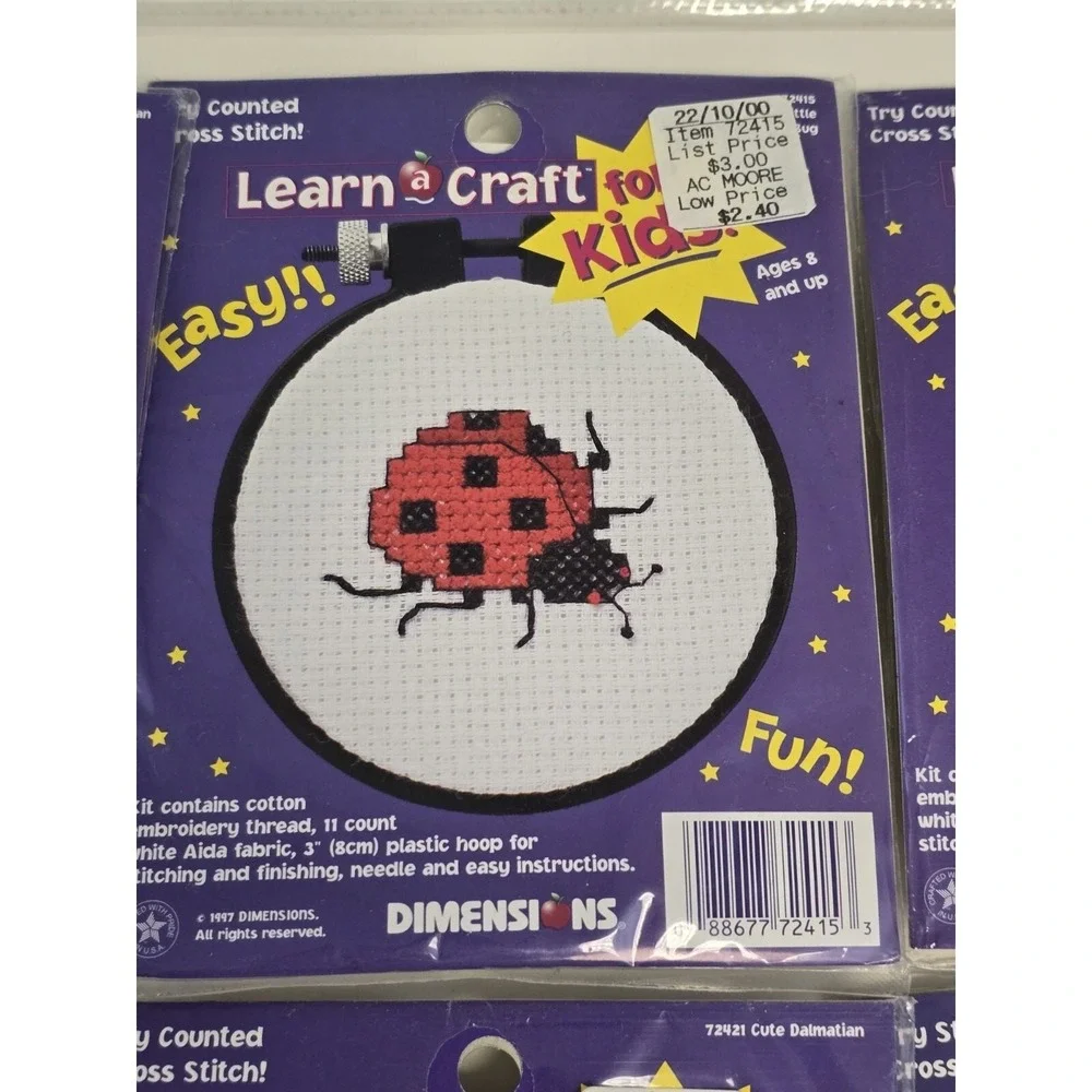 Kids Counted cross Stitch lot of 6 - Green Frog , Dalmatian Dog & Ladybug - NEW